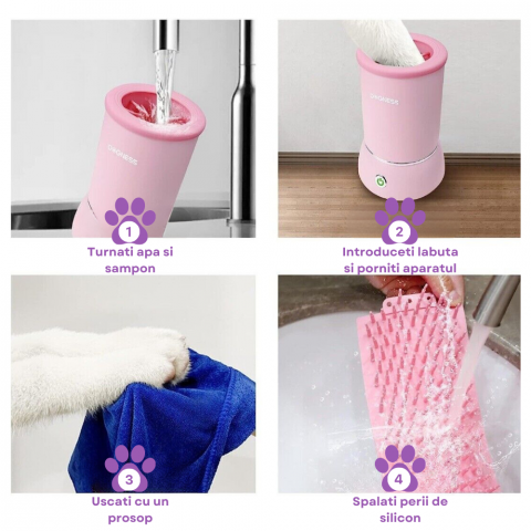 Dispozitiv pentru curatare labute animale automat, cu acumulator, peri din silicon soft, capac anti stropire, baza cu ventuze de fixare, incarcare USB, pentru animale de talie mica pana la medie, roz [5]