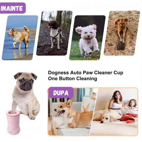 Dispozitiv pentru curatare labute animale automat, cu acumulator, peri din silicon soft, capac anti stropire, baza cu ventuze de fixare, incarcare USB, pentru animale de talie mica pana la medie, roz [7]