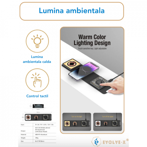 Incarcator Wireless 3 in 1 Pliabil Evolve-x® EvoBoost cu incarcare rapida Magsafe QI Fast Charge 15W, lumina ambientala, compatibil cu Apple Iphone, Samsung, Huawei, Apple Watch, Airpods, Universal, C [5]