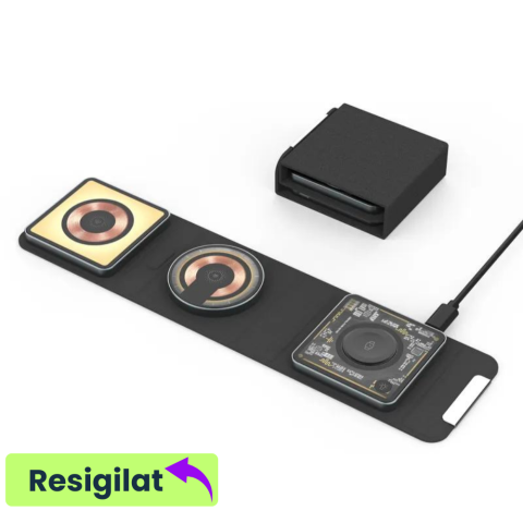 Incarcatoare wireless - RESIGILAT: Incarcator Wireless 3 in 1 Pliabil Evolve-x® EvoBoost cu incarcare rapida Magsafe QI Fast Charge 15W, lumina ambientala, compatibil cu Apple Iphone, Samsung, Huawei, Apple Watch, Airpods