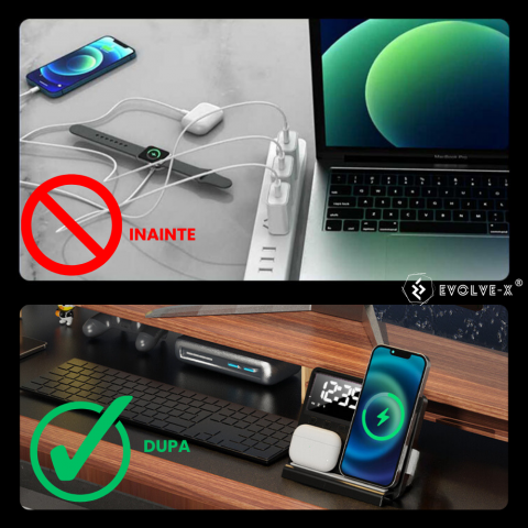 Incarcator Wireless Evolve-x® Statie Incarcare 3 In 1 cu incarcare rapida Qi Fast Charge 15W, Ceas si lumina ambientala, Compatibil Cu casti Apple Airpods, telefoane Iphone, Android, Samsung, Huawei,  [7]