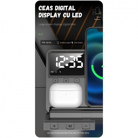 Incarcator Wireless Evolve-x® Statie Incarcare 3 In 1 cu incarcare rapida Qi Fast Charge 15W, Ceas si lumina ambientala, Compatibil Cu casti Apple Airpods, telefoane Iphone, Android, Samsung, Huawei,  [11]