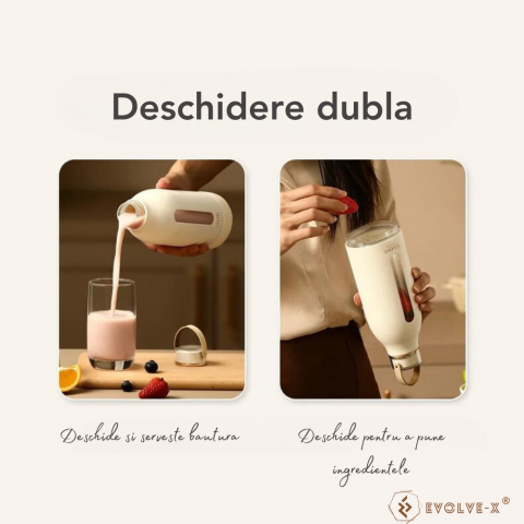 Mini Blender Electric Evolve-x® Ceool pentru Smoothie, Shake sau Fresh, Portabil, Deschidere dubla, Capacitate 400 ml, 4 lame din inox, Acumulator reincarcabil 3000 mAh, Silentios, Maner din piele eco [4]