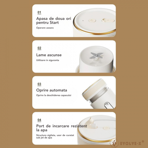 Mini Blender Electric Evolve-x® Ceool pentru Smoothie, Shake sau Fresh, Portabil, Deschidere dubla, Capacitate 400 ml, 4 lame din inox, Acumulator reincarcabil 3000 mAh, Silentios, Maner din piele eco [6]