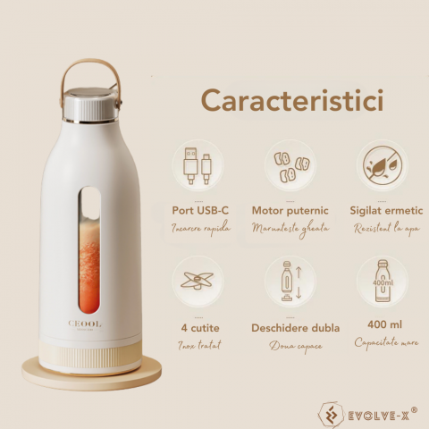 Mini Blender Electric Evolve-x® Ceool pentru Smoothie, Shake sau Fresh, Portabil, Deschidere dubla, Capacitate 400 ml, 4 lame din inox, Acumulator reincarcabil 3000 mAh, Silentios, Maner din piele eco [3]
