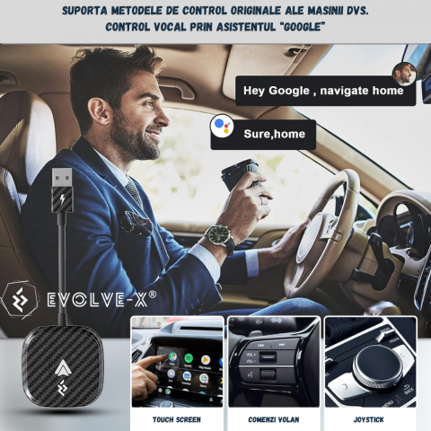 Modul Android Auto wireless Evolve-x®, pentru masini cu Android Auto de fabrica prin cablu, Plug & Play, negru carbon, cu adaptor USB la USB-C inclus [1]