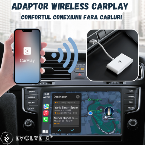Modul Apple Carplay auto wireless Evolve-x®, pentru masini cu Carplay de fabrica prin cablu, Plug & Play, alb, cu adaptor USB la USB-C inclus [1]