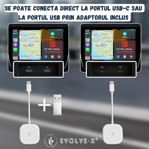 Modul Apple Carplay auto wireless Evolve-x®, pentru masini cu Carplay de fabrica prin cablu, Plug & Play, alb, cu adaptor USB la USB-C inclus [4]