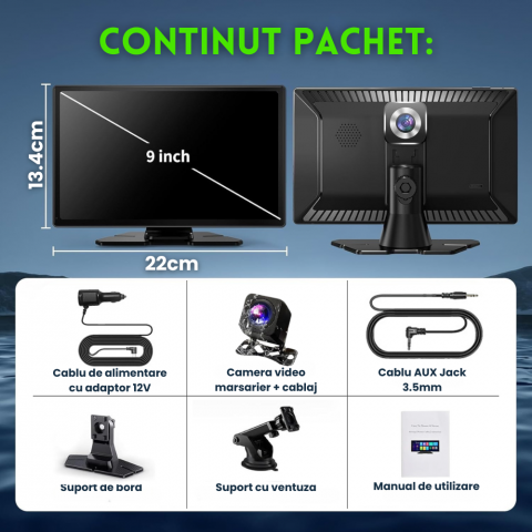 Navigatie Auto EvoCARS pentru Carplay/Android Auto wireless, Camera de bord si marsarier, 9 inch [6]
