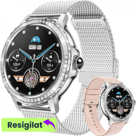 Smartwatch dama - RESIGILAT: Ceas smartwatch dama Evolve-x® EvoWatch 9 cu Apeluri si mesaje bluetooth, Monitorizare sanatate si Asistent vocal, 2 bratari incluse