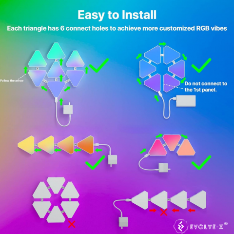 Set 12 panouri luminoase LED modulare inteligente Evolve-x® EvoLuxe, RGB, Wi-Fi, senzor muzica, telecomanda si aplicatie compatibila iOS/Android, 200 lm [8]