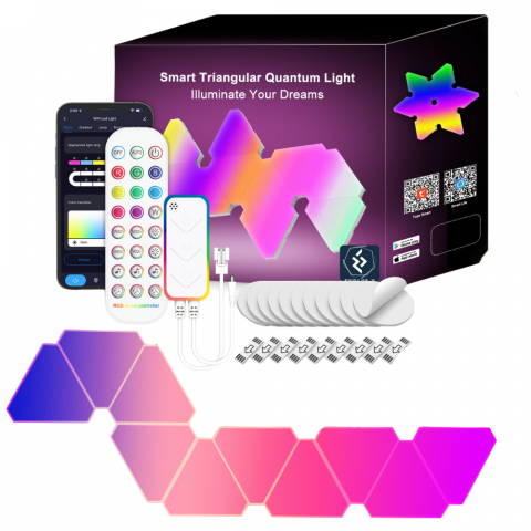 Iluminat inteligent - Set 12 panouri luminoase LED modulare inteligente Evolve-x® EvoLuxe, RGB, Wi-Fi, senzor muzica, telecomanda si aplicatie compatibila iOS/Android, 200 lm