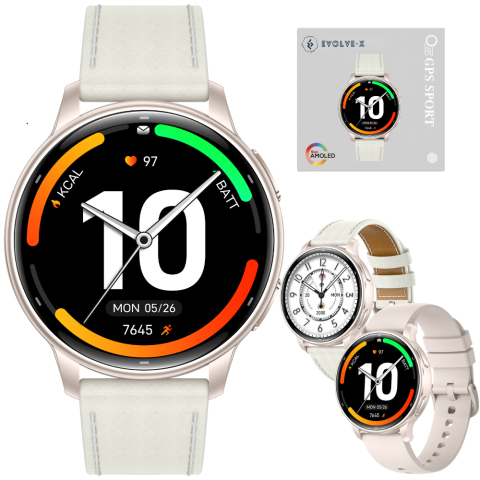 Smartwatch dama - Smartwatch Evolve-x EvoWatch Naro AMOLED 1.32”, Monitorizare Sănătate, Apeluri Bluetooth, GPS, Autonomie 7 Zile, Rezistent Apă 3ATM, Bej