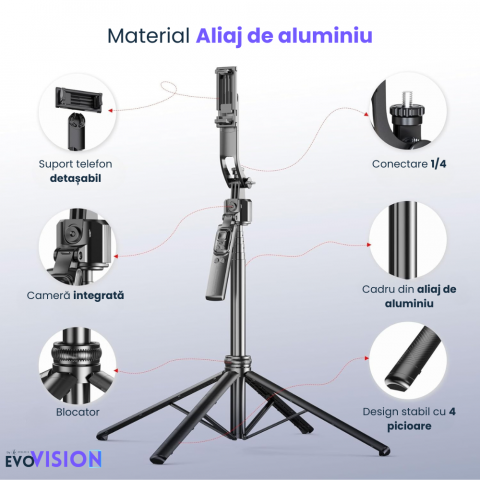 Trepied foto smart profesional Evolve-x® EvoVison, AI Tracking, camera integrata cu urmarire activa, Control prin gesturi, Telecomanda detasabila bluetooth [5]