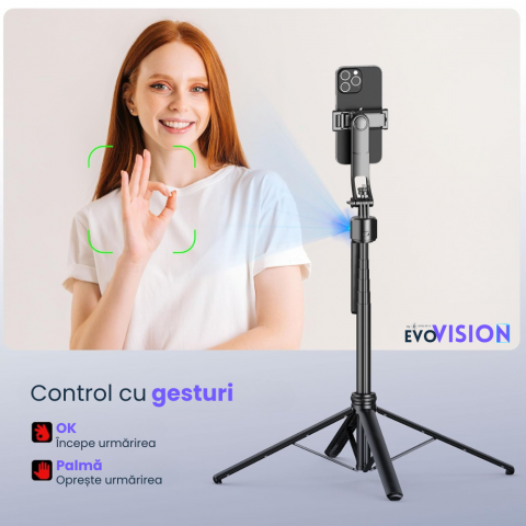 Trepied foto smart profesional Evolve-x® EvoVison, AI Tracking, camera integrata cu urmarire activa, Control prin gesturi, Telecomanda detasabila bluetooth [3]