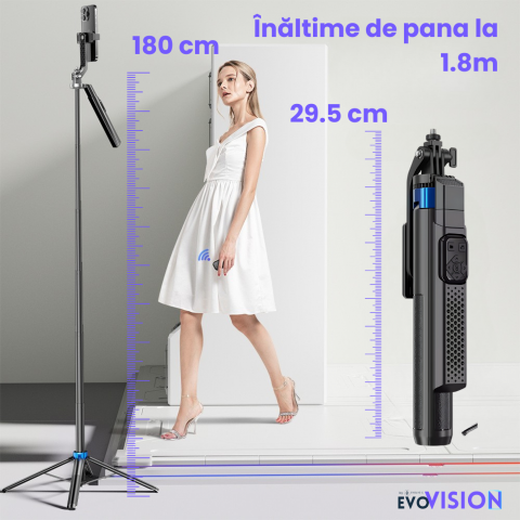 Trepied foto telescopic Evolve-x® EvoVison Profesional, 180cm, pentru telefon/camera foto/GoPro, telecomanda Bluetooth [8]