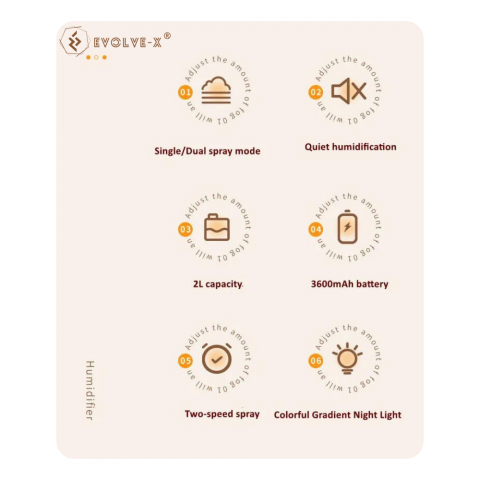 Umidificator de aer wireless Evolve-x® Harmony Dual, cu atomizare prin ultrasunete, difuzie duala, lumina ambientala, acumulator, pentru casa si birou, Crem [4]
