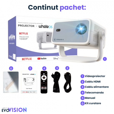Videoproiector portabil smart Evolve-x® EvoVision 350 Pro, 1080p Full HD, suport 4K UHD, 350 ANSI, Android 13, Wi-Fi 6 dual, Bluetooth 5.4, NETFLIX Oficial [17]