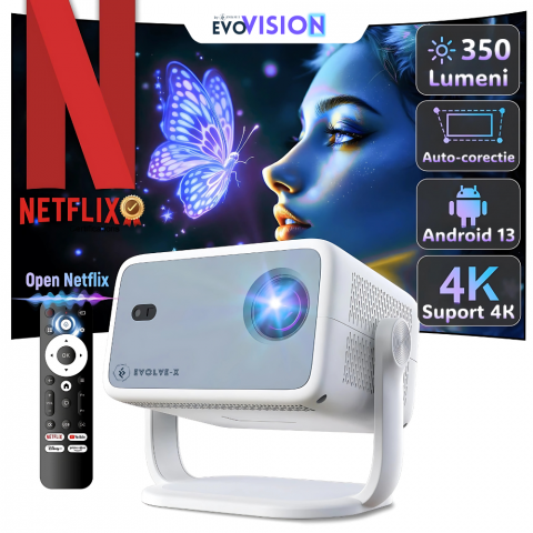 Videoproiector portabil smart Evolve-x® EvoVision 350 Pro, 1080p Full HD, suport 4K UHD, 350 ANSI, Android 13, Wi-Fi 6 dual, Bluetooth 5.4, NETFLIX Oficial [1]