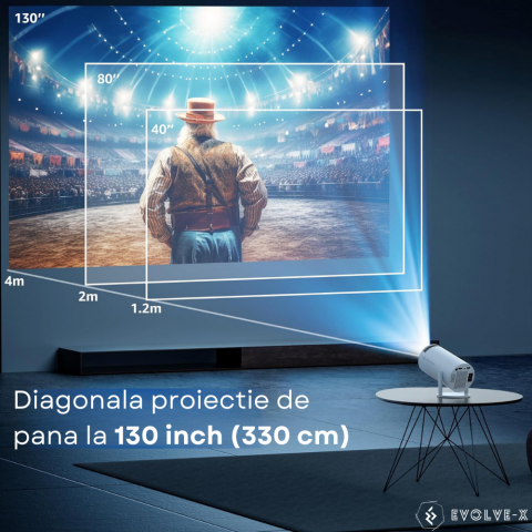 Videoproiector smart portabil Evolve-x®, 5000 lumeni, 120 ANSI, cu Android 11, Wi-Fi dual, Bluetooth, rezolutie 1280x720p HD, suport 4K, conexiune HDMI, USB si Mirroring Android/IOS, difuzor integrat, [7]