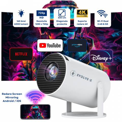 Videoproiector smart portabil Evolve-x®, 5000 lumeni, 120 ANSI, cu Android 11, Wi-Fi dual, Bluetooth, rezolutie 1280x720p HD, suport 4K, conexiune HDMI, USB si Mirroring Android/IOS, difuzor integrat, [2]