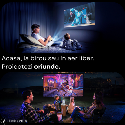 Videoproiector smart portabil Evolve-x®, 5000 lumeni, 120 ANSI, cu Android 11, Wi-Fi dual, Bluetooth, rezolutie 1280x720p HD, suport 4K, conexiune HDMI, USB si Mirroring Android/IOS, difuzor integrat, [12]