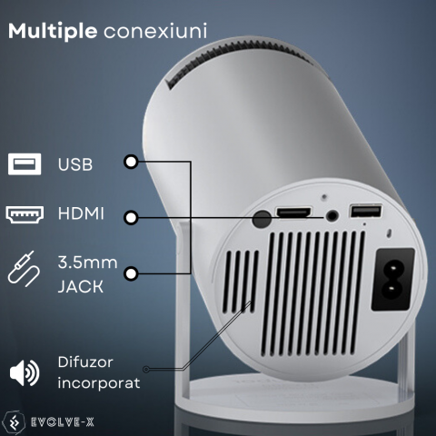 Videoproiector smart portabil Evolve-x®, 5000 lumeni, 120 ANSI, cu Android 11, Wi-Fi dual, Bluetooth, rezolutie 1280x720p HD, suport 4K, conexiune HDMI, USB si Mirroring Android/IOS, difuzor integrat, [10]