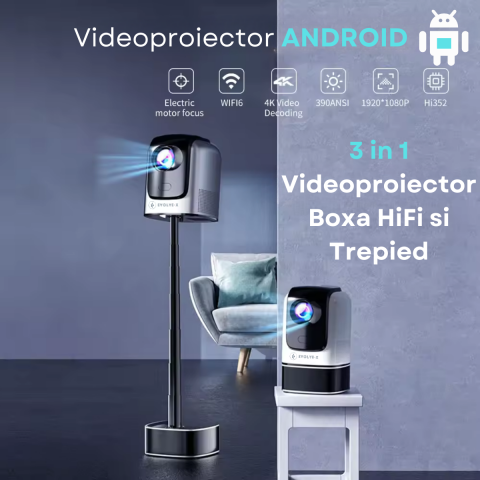 Videoproiector Smart portabil Evolve-x® cu trepied integrat, 6500 lumeni, Android, Wi-Fi dual, Bluetooth, rezolutie FullHD 1920 x 1080, suport 4K, HDMI, USB si Mirroring Android/IOS [2]