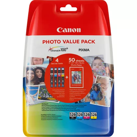 Cartuse de cerneala - CLI-526 C/M/Y/BK PHOTO VALUE Pack - 10x15 Photo Paper (50 sheets) + Cyan, Magenta, Yellow &  Black