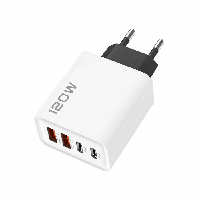 Adaptor USB Fast Charging 120W, 4 Porturi, 2 x USB + 2 x Type-C, Încărcător Universal pentru Smartphone, Tabletă și Gadgeturi, Protecții Multiple, Alb [2]