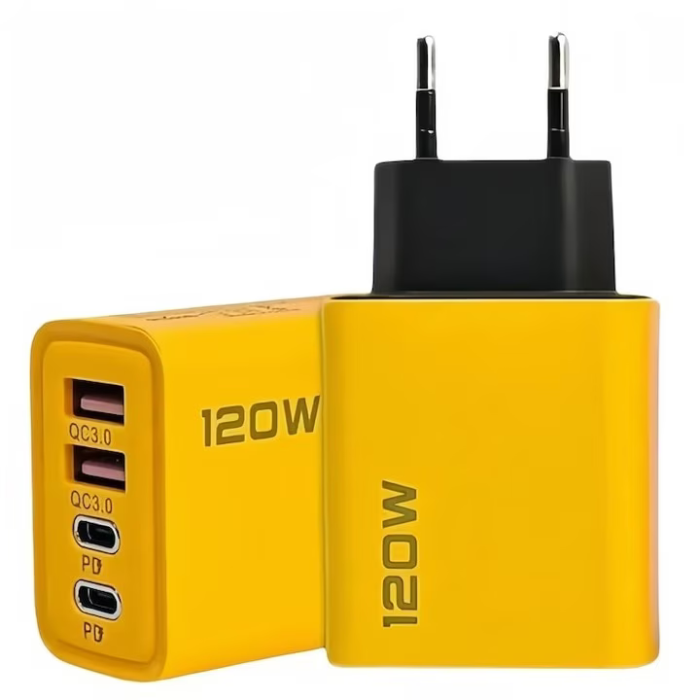 Adaptor USB Fast Charging 120W, 4 Porturi, 2 x USB + 2 x Type-C, Încărcător Universal pentru Smartphone, Tabletă și Gadgeturi, Protecții Multiple, Galben/Negru [1]