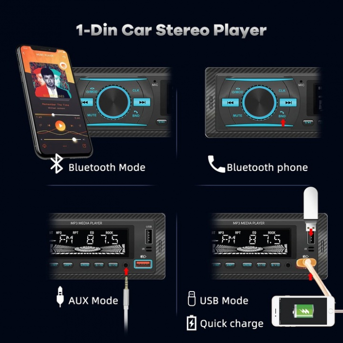 Amplificator audio auto, 4x50W, Bluetooth 5.1, USB, TF Card, Telecomandă IR, 7 culori iluminare LED, MP3 Player, Radio FM, Negru engross [5]