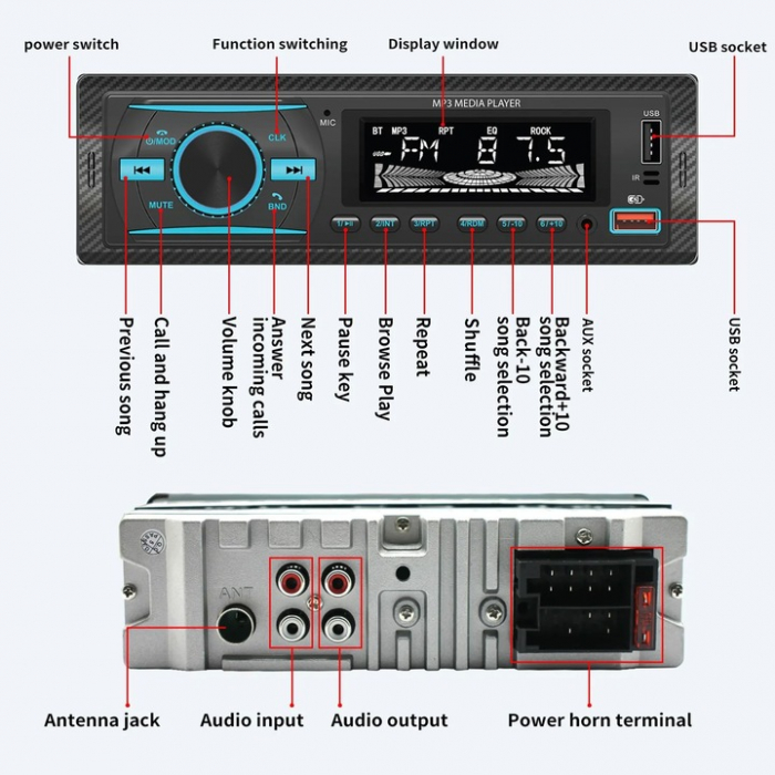 Amplificator audio auto, 4x50W, Bluetooth 5.1, USB, TF Card, Telecomandă IR, 7 culori iluminare LED, MP3 Player, Radio FM, Negru engross [3]
