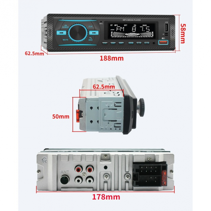 Amplificator audio auto, 4x50W, Bluetooth 5.1, USB, TF Card, Telecomandă IR, 7 culori iluminare LED, MP3 Player, Radio FM, Negru engross [4]