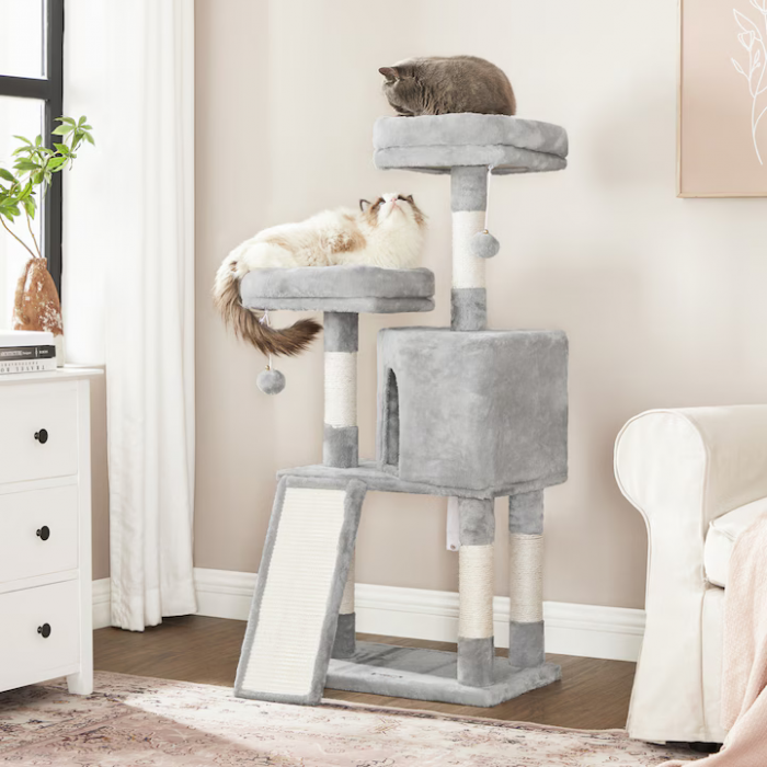 Ansamblu de Joacă pentru Pisici – Cat Tree 115 cm, 2 Culcușuri, Căsuță și Stâlpi cu Sisal, Gri engross [4]