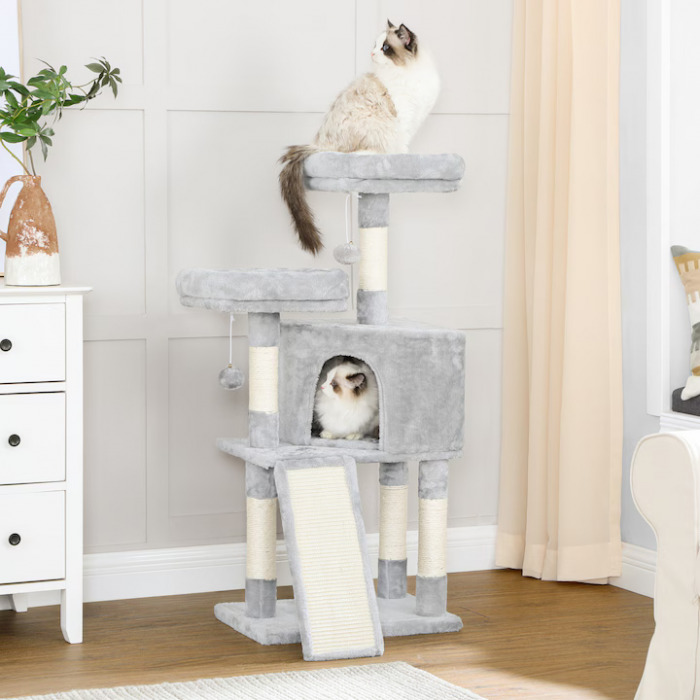 Ansamblu de Joacă pentru Pisici – Cat Tree 115 cm, 2 Culcușuri, Căsuță și Stâlpi cu Sisal, Gri engross [3]