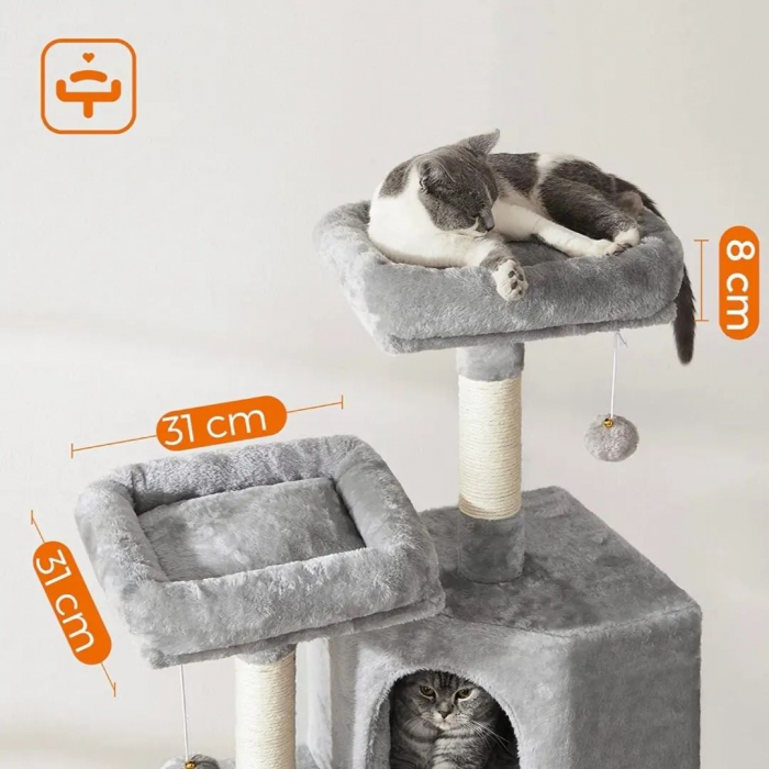 Ansamblu de Joacă pentru Pisici – Cat Tree 115 cm, 2 Culcușuri, Căsuță și Stâlpi cu Sisal, Gri engross [11]