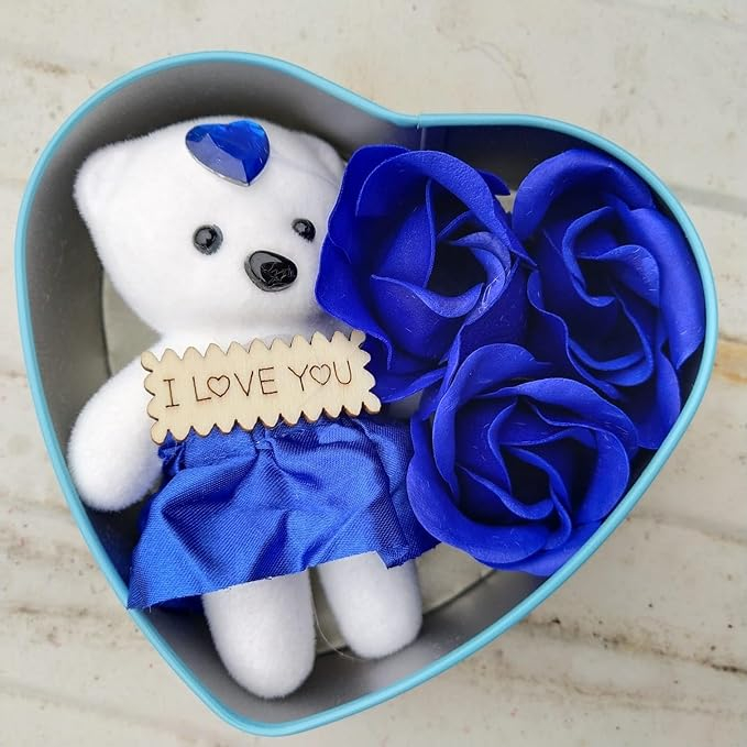 Aranjament Floral Mini cu 3 Trandafiri de Săpun și Ursuleț, 3 culori (albastru/rosu/rosu inchis)– Cadou pentru Crăciun și Ocazii Speciale engross [7]