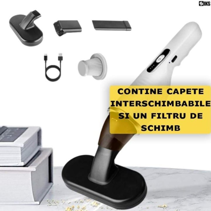 Aspirator Auto Reîncărcabil, Portabil, 80W, Filtru HEPA Lavabil, Alb/Negru, 41x9,5x19,5 cm, Acumulator 2000 mAh, Curățenie Rapidă și Eficientă [3]