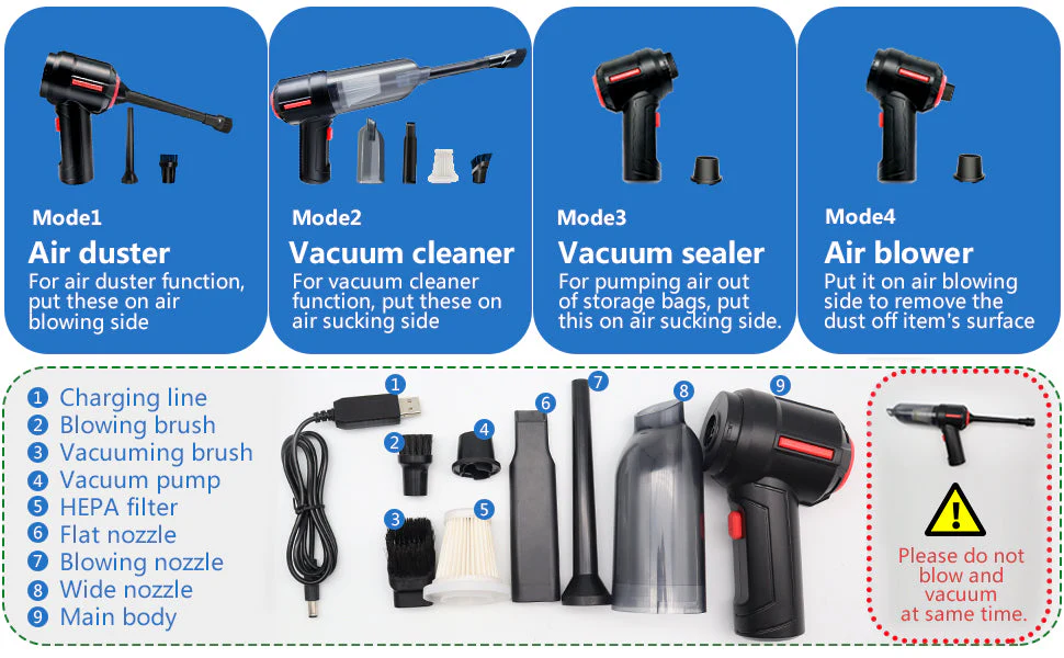 Aspirator si Suflanta de Aer Portabila 6-in-1 pentru masina, casa, birou si animale de companie, cu baterie detasabila si reincarcabila [8]