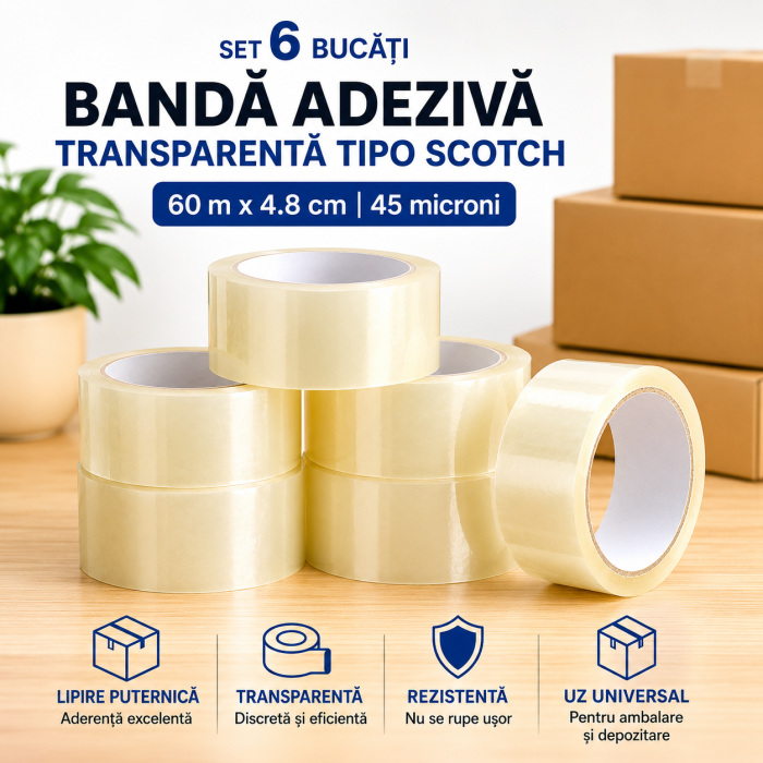 Bandă adezivă transparentă tip Scotch, 60 m x 4.8 cm, grosime 45 microni, lipire puternică pentru ambalare și uz universal [3]