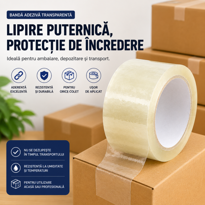Bandă adezivă transparentă tip Scotch, 60 m x 4.8 cm, grosime 45 microni, lipire puternică pentru ambalare și uz universal [2]