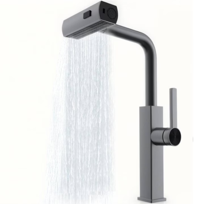 Baterie Bucătărie Premium cu Curgere Tip Cascadă, Jet sau Spray, Duș Extractibil, Oțel Inoxidabil, Design Modern – Gri engross [1]