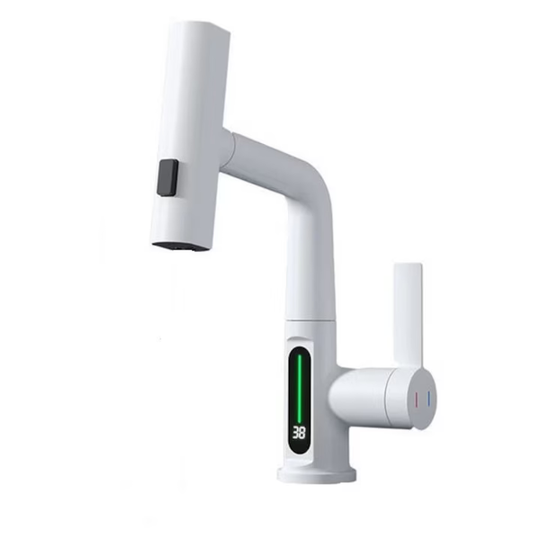 Baterie Lavoar/Bucătărie cu Duș Extractibil și Display LED Temperatură, 3 Moduri de Curgere, Alama Solidă, Alb/Gri engross [2]