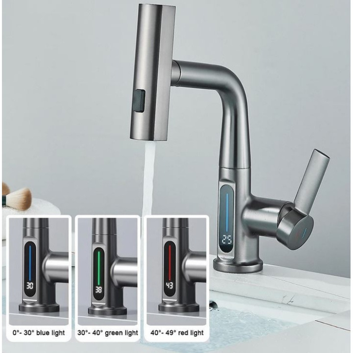 Baterie Lavoar/Bucătărie cu Duș Extractibil și Display LED Temperatură, 3 Moduri de Curgere, Alama Solidă, Alb/Gri engross [9]