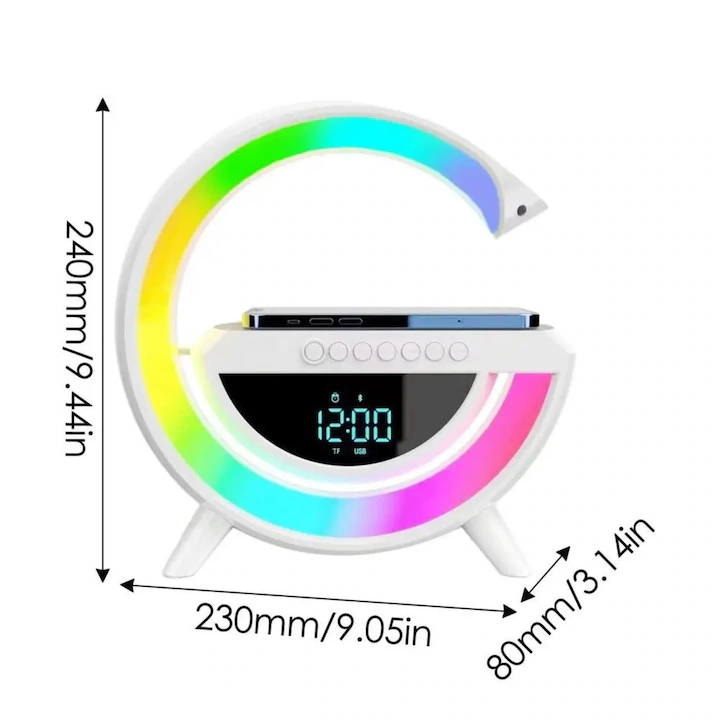 Boxă Bluetooth cu Încărcător Wireless 4 în 1 – Ceas Digital, Lumină LED RGB, Radio FM, Slot microSD – Smart și Multifuncțional [3]