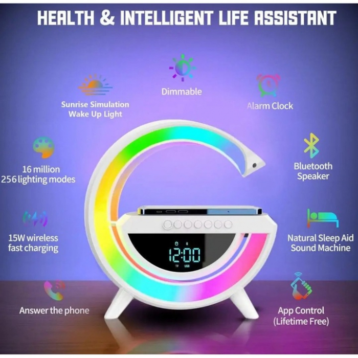 Boxă Bluetooth cu Încărcător Wireless 4 în 1 – Ceas Digital, Lumină LED RGB, Radio FM, Slot microSD – Smart și Multifuncțional [6]