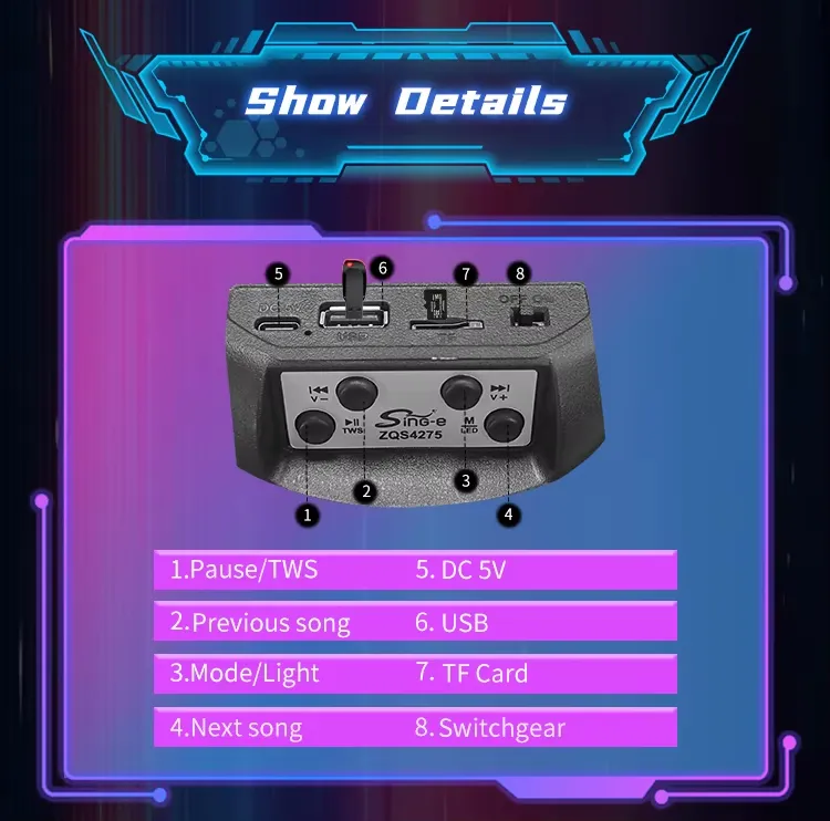 Boxă Wireless ZQS4275 – Bluetooth, Radio FM, USB/TF, TWS, Iluminare LED, Încărcare Solară, Antenă Externă engross [5]