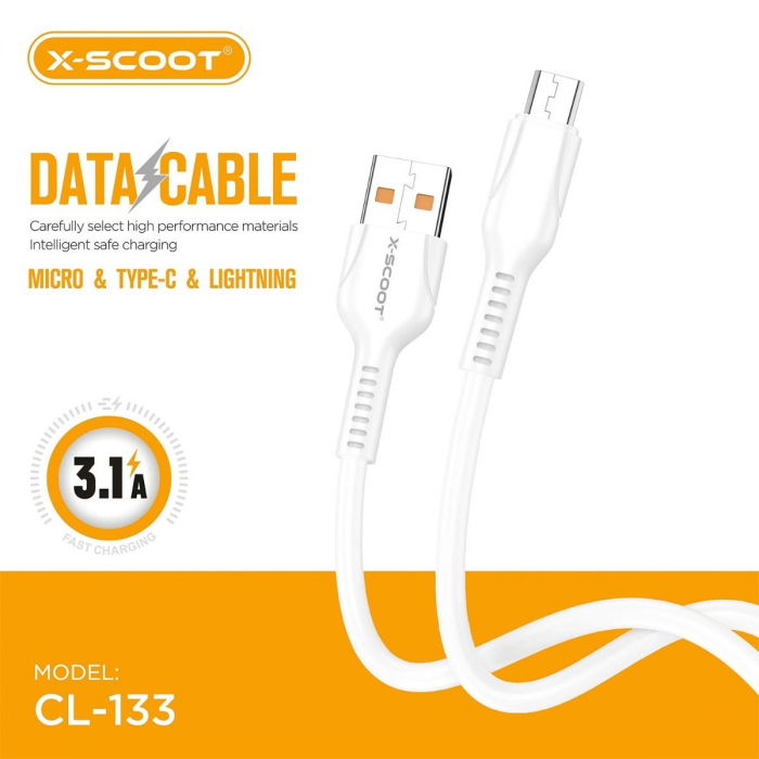 Cablu de Încărcare și Transmisie X-SCOOT CL-133 pentru Micro-USB – 3.1A, 1m, Încărcare Rapidă, Compatibil cu USB-B engross [2]