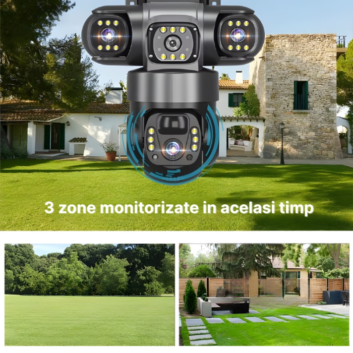 Cameră de securitate 4G cu 3 obiective și panou solar, rezoluție 6MP, vizualizare 360°, iluminare LED și alimentare solară [11]